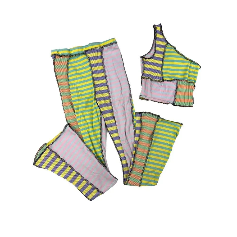 The Ragged Priest - Patchwork Stripes One Shoulder Top & Pants in Green & Purple - Picture 1 of 6